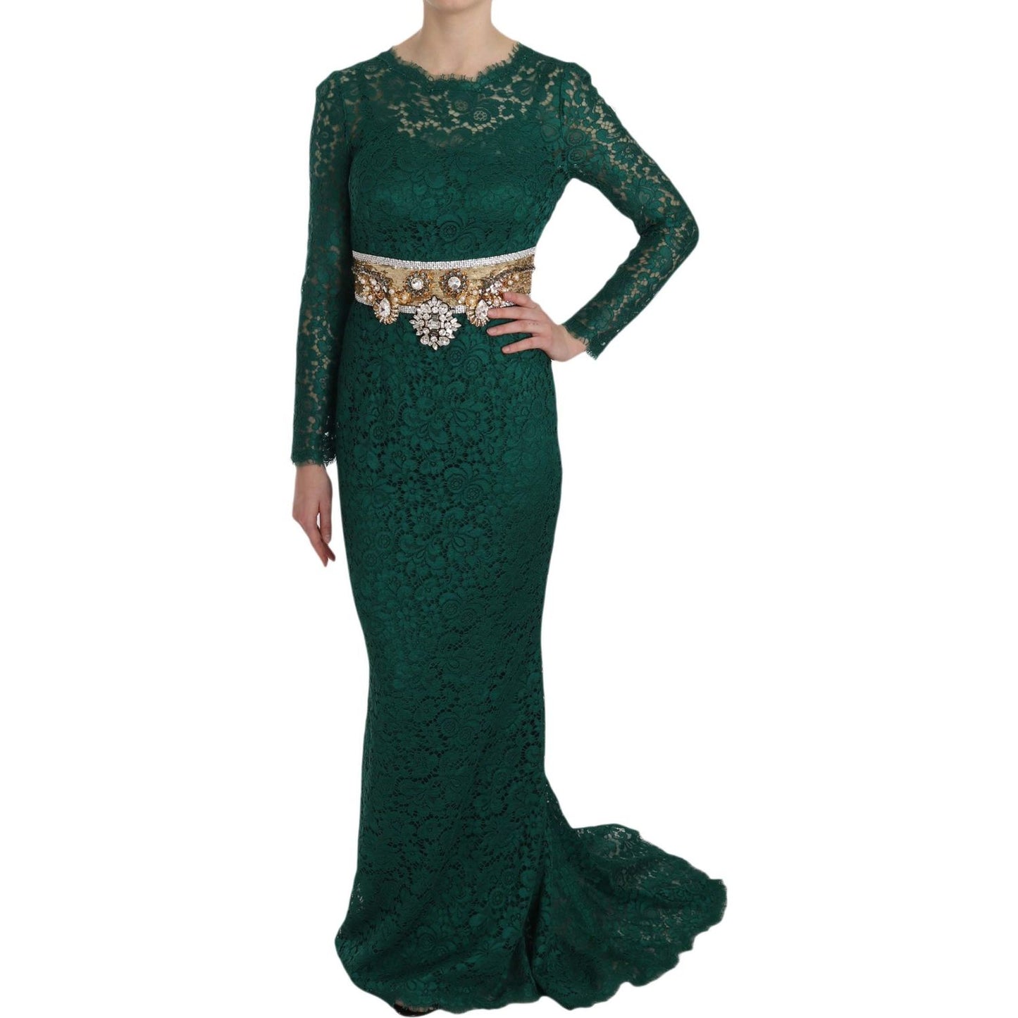 Dolce & Gabbana Emerald Elegance Long Sleeve Floor-Length Dress Dolce & Gabbana Dark Slate Gray