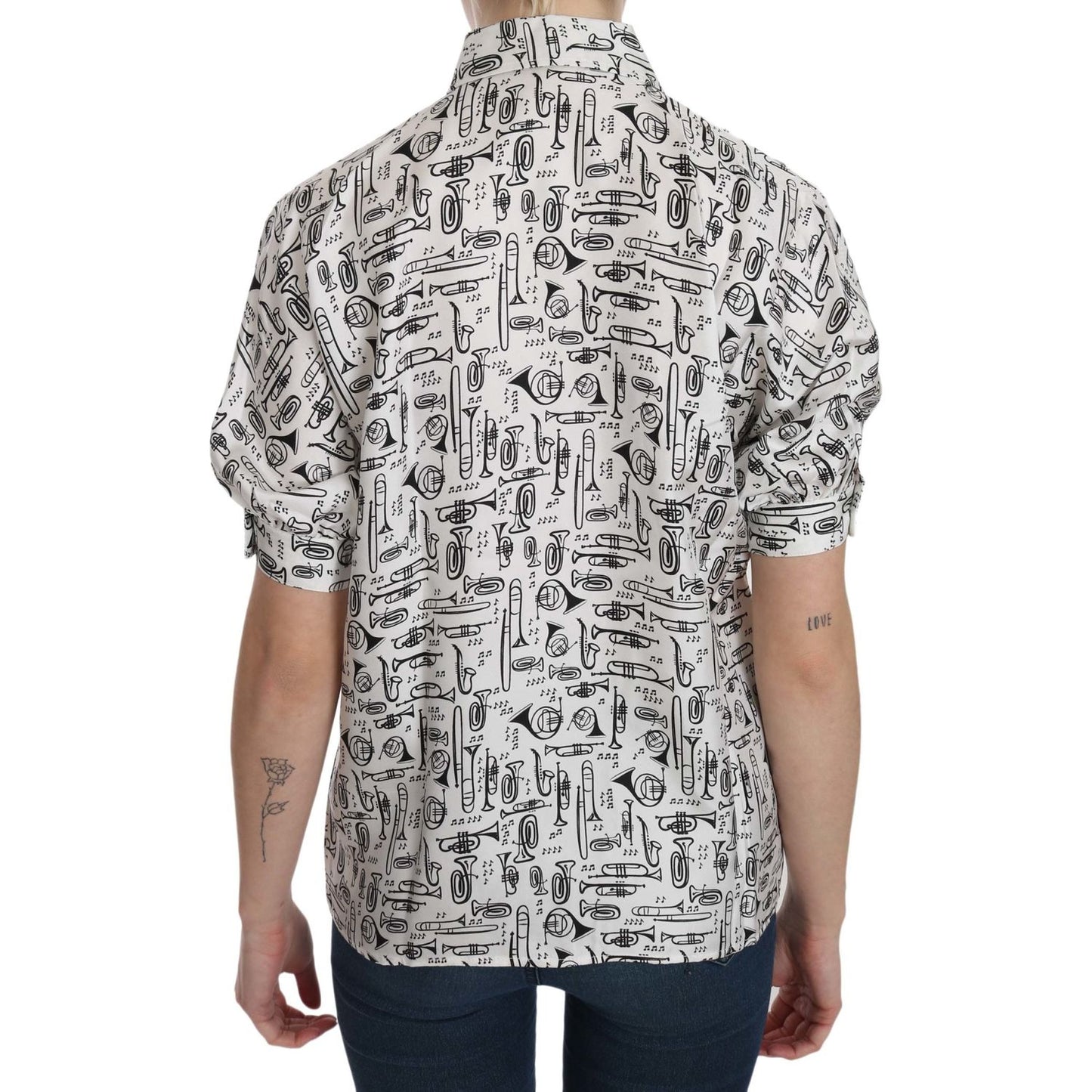 Dolce & Gabbana White Musical Instrument Collared Blouse Shirt TSH3114-36