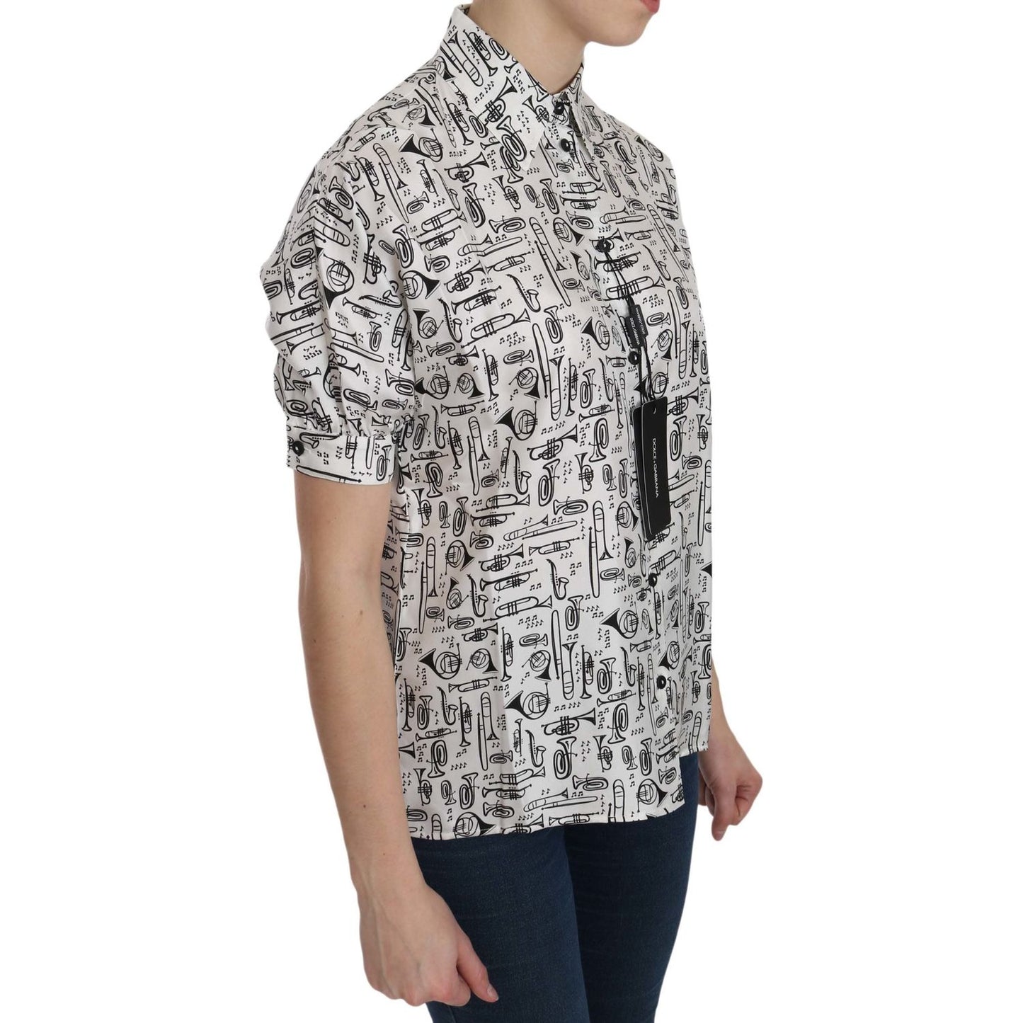 Dolce & Gabbana White Musical Instrument Collared Blouse Shirt TSH3114-36