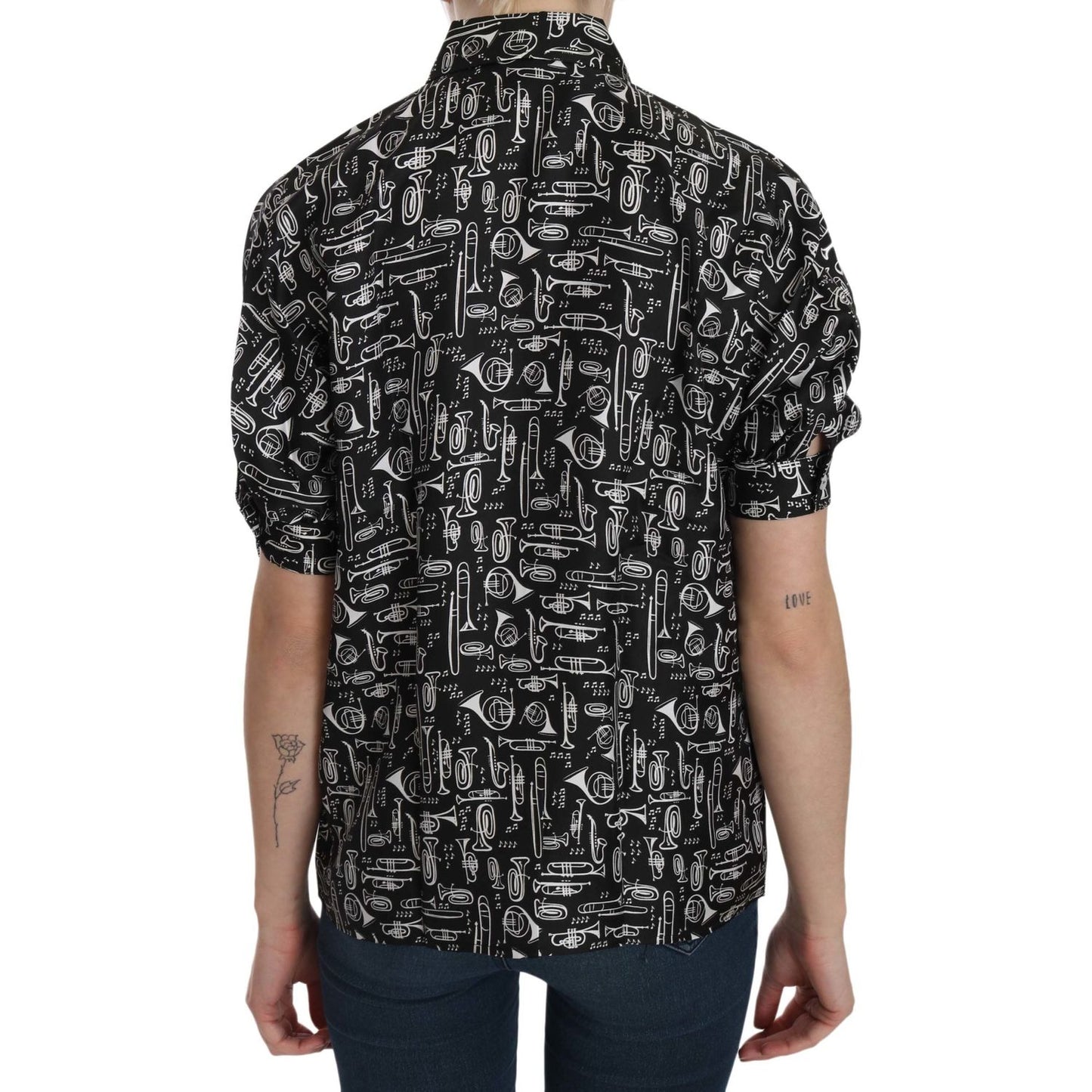 Dolce & Gabbana Black Musical Instrument Collared Blouse Shirt TSH3115-36