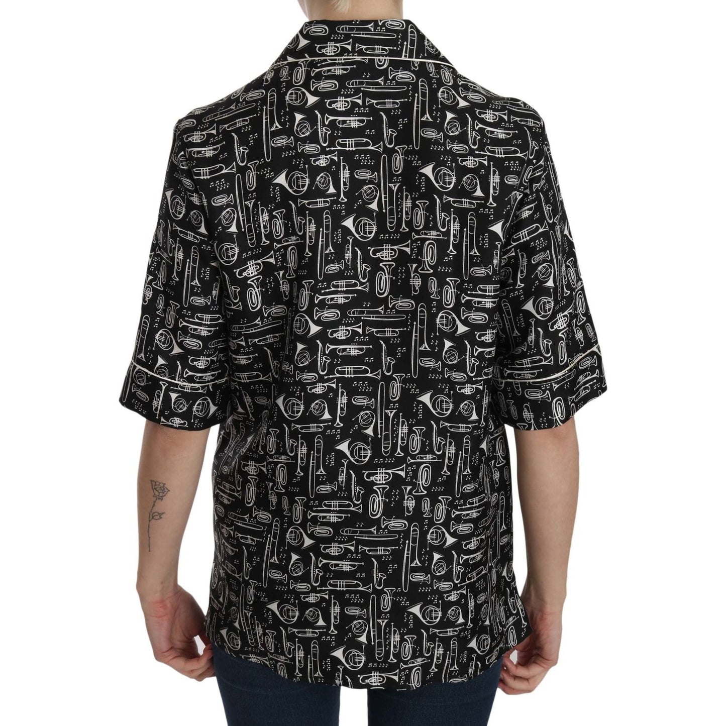 Dolce & Gabbana Black Musical Instrument Print Silk Top TSH3116-36