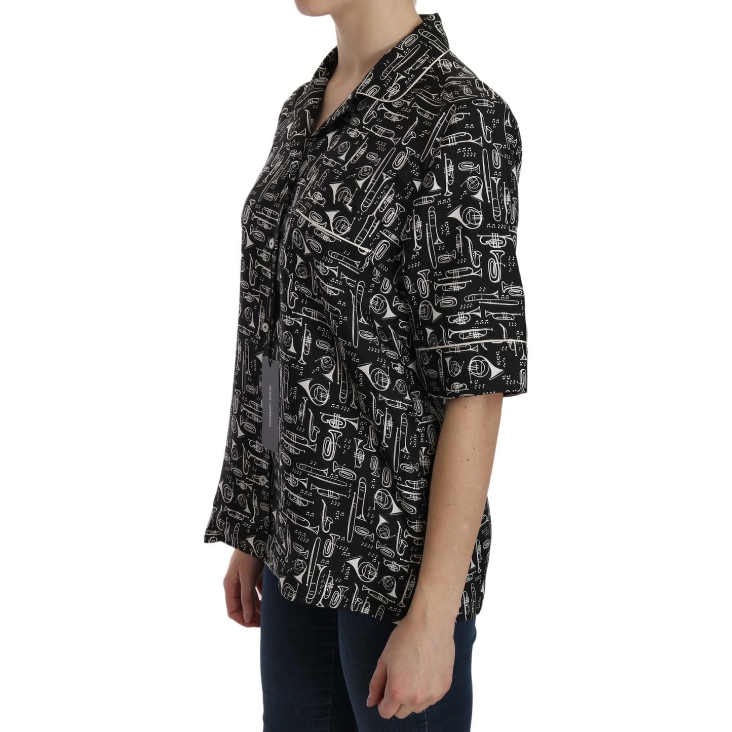 Dolce & Gabbana Black Musical Instrument Print Silk Top TSH3116-36