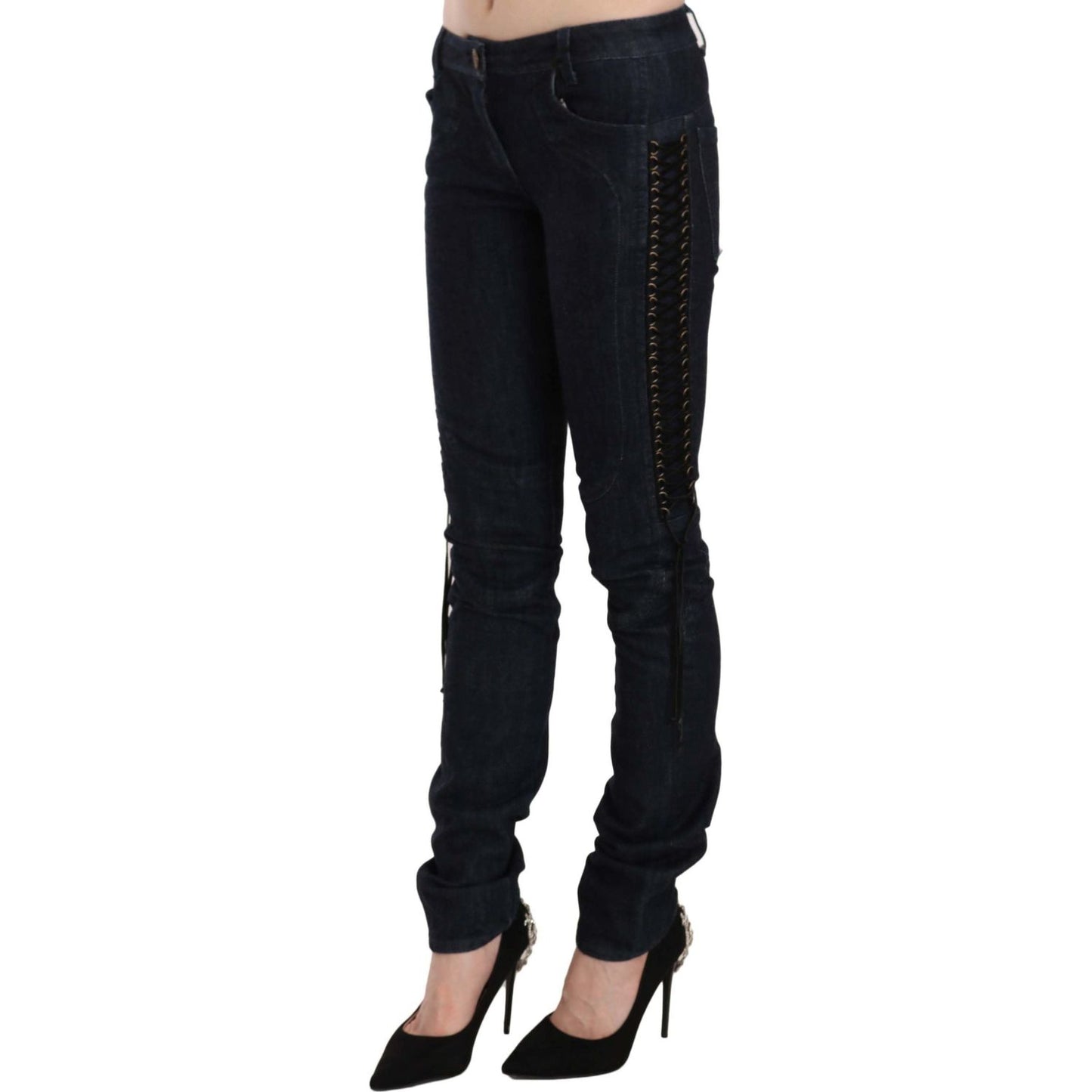 Just Cavalli Blue Low Waist Skinny Trousers Braided String Pants PAN70321-26
