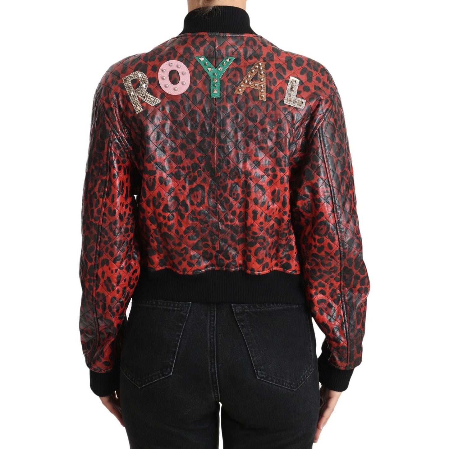 Dolce & Gabbana Red Leopard Button Crystal Leather Jacket JKT2419-42