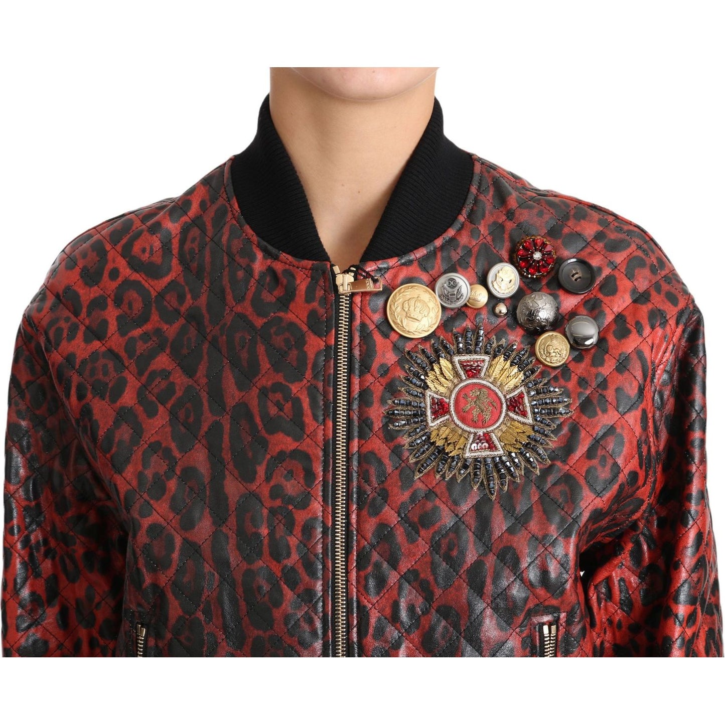 Dolce & Gabbana Red Leopard Button Crystal Leather Jacket JKT2419-42