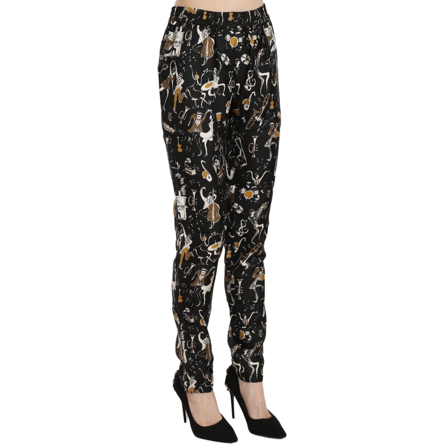 Dolce & Gabbana Black Jazz Club Print High Waist Tapered Pants Pan70078-36