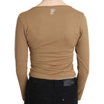 GF Ferre Brown Round Neck Long Sleeve Slim Crop Top Blouse TSH3428-40