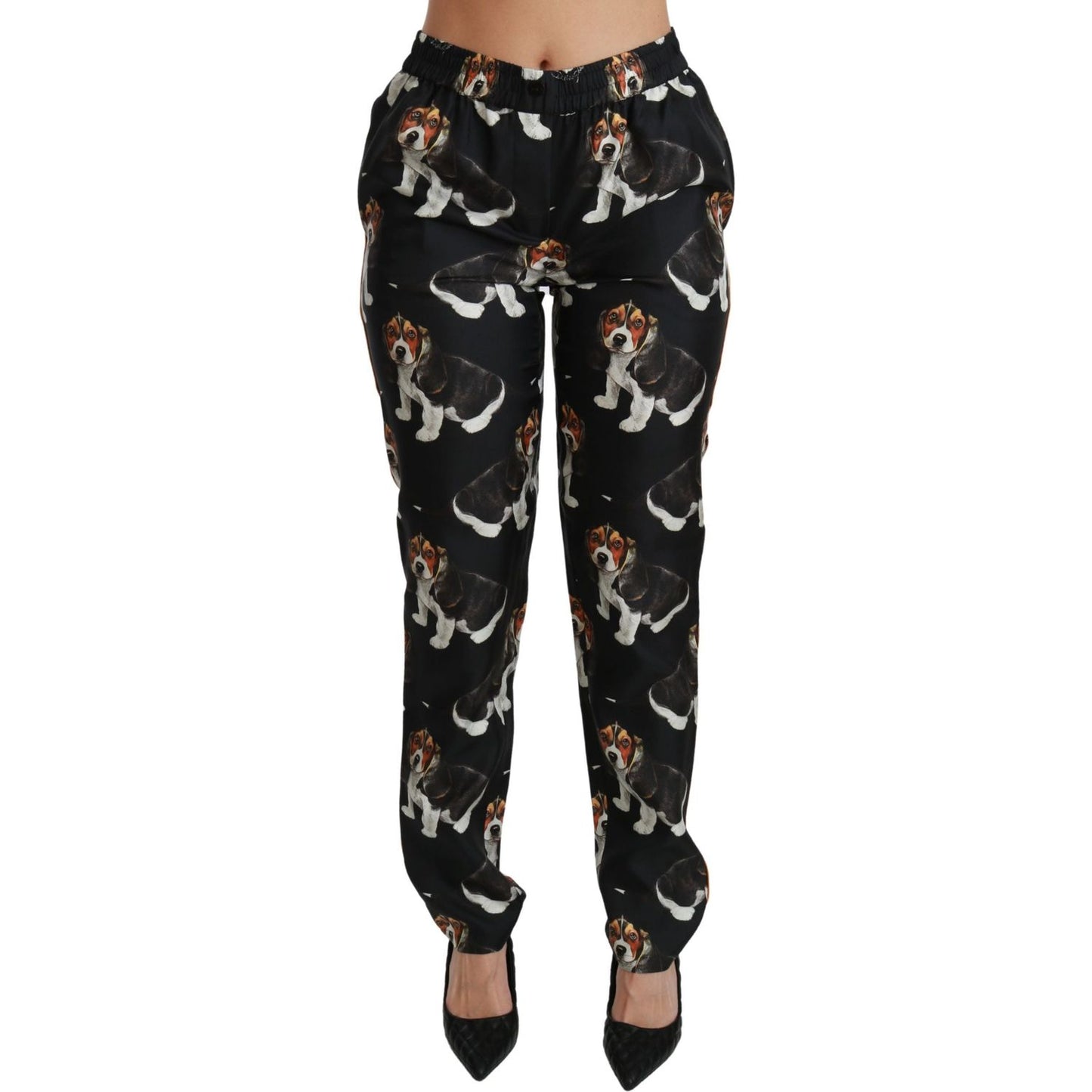 Dolce & Gabbana Elegant Silk Puppy Dog Print Pants Dolce & Gabbana Black