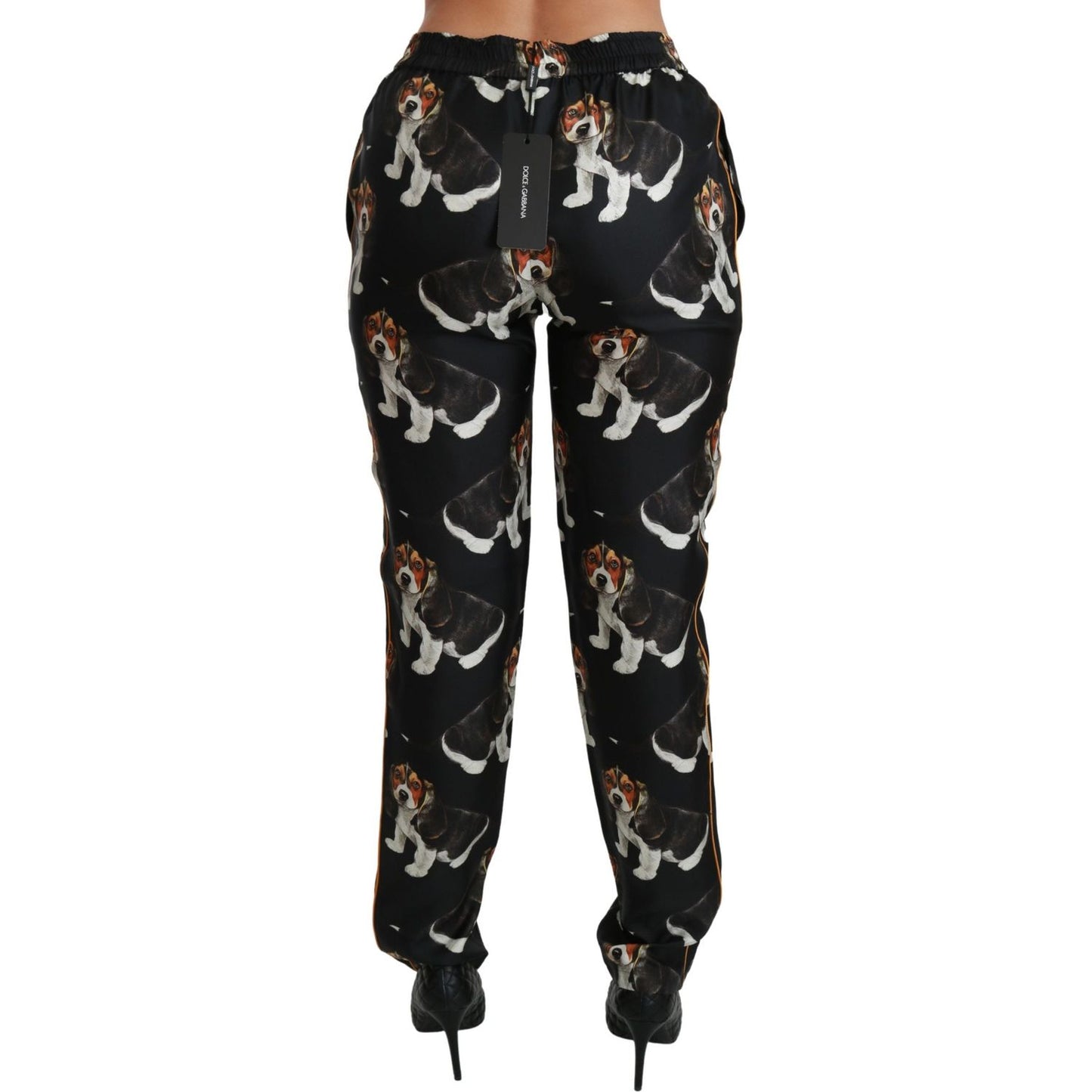 Dolce & Gabbana Elegant Silk Puppy Dog Print Pants Dolce & Gabbana Black