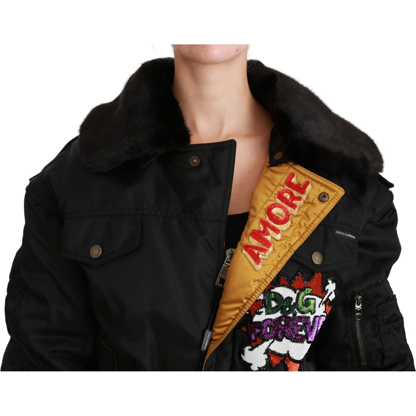 Dolce & Gabbana Elegant Black Bomber Jacket with Detachable Features Dolce & Gabbana Rosy Brown