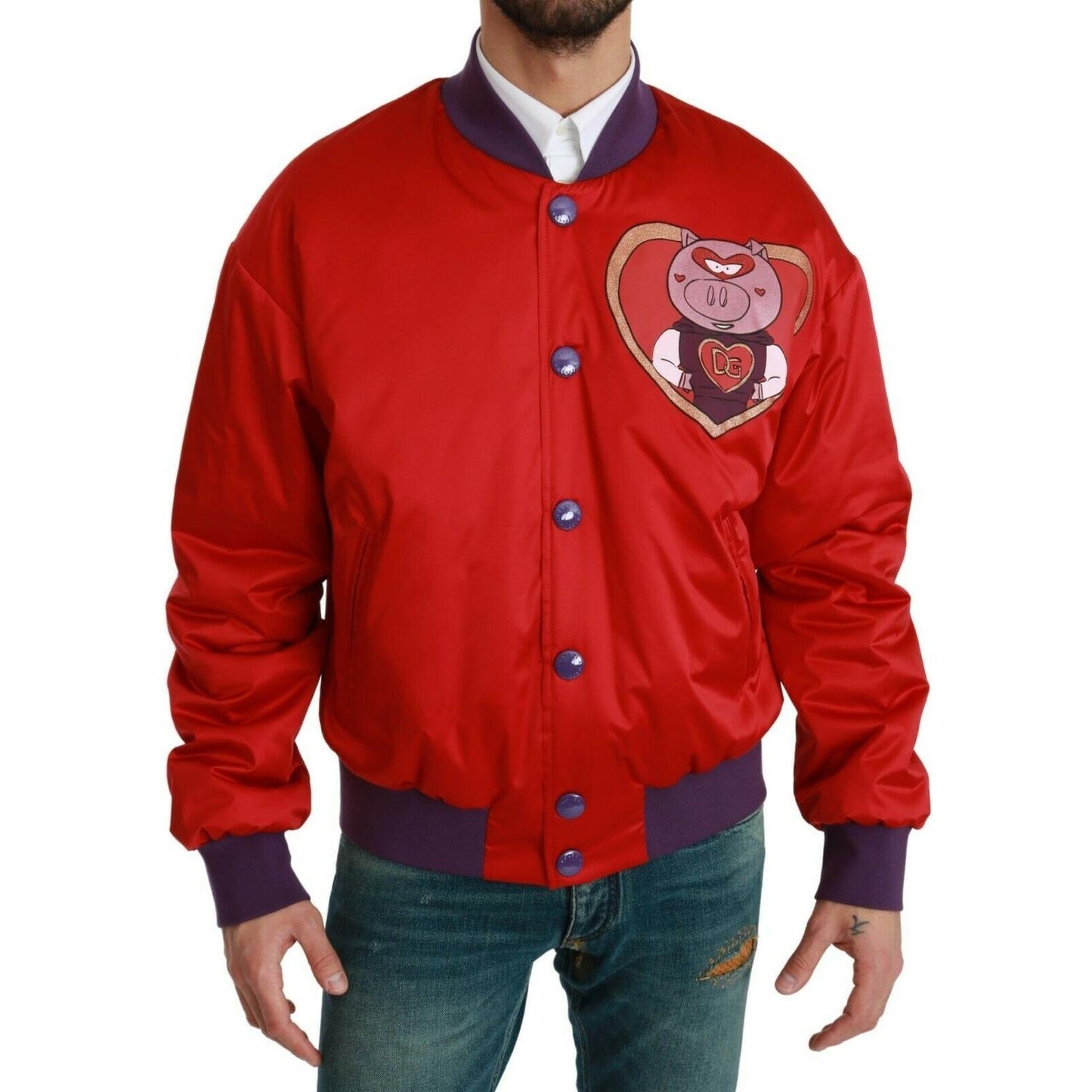 Dolce & Gabbana Vibrant Red Bomber Jacket with Multicolor Motif Coats & Jackets Dolce & Gabbana Firebrick