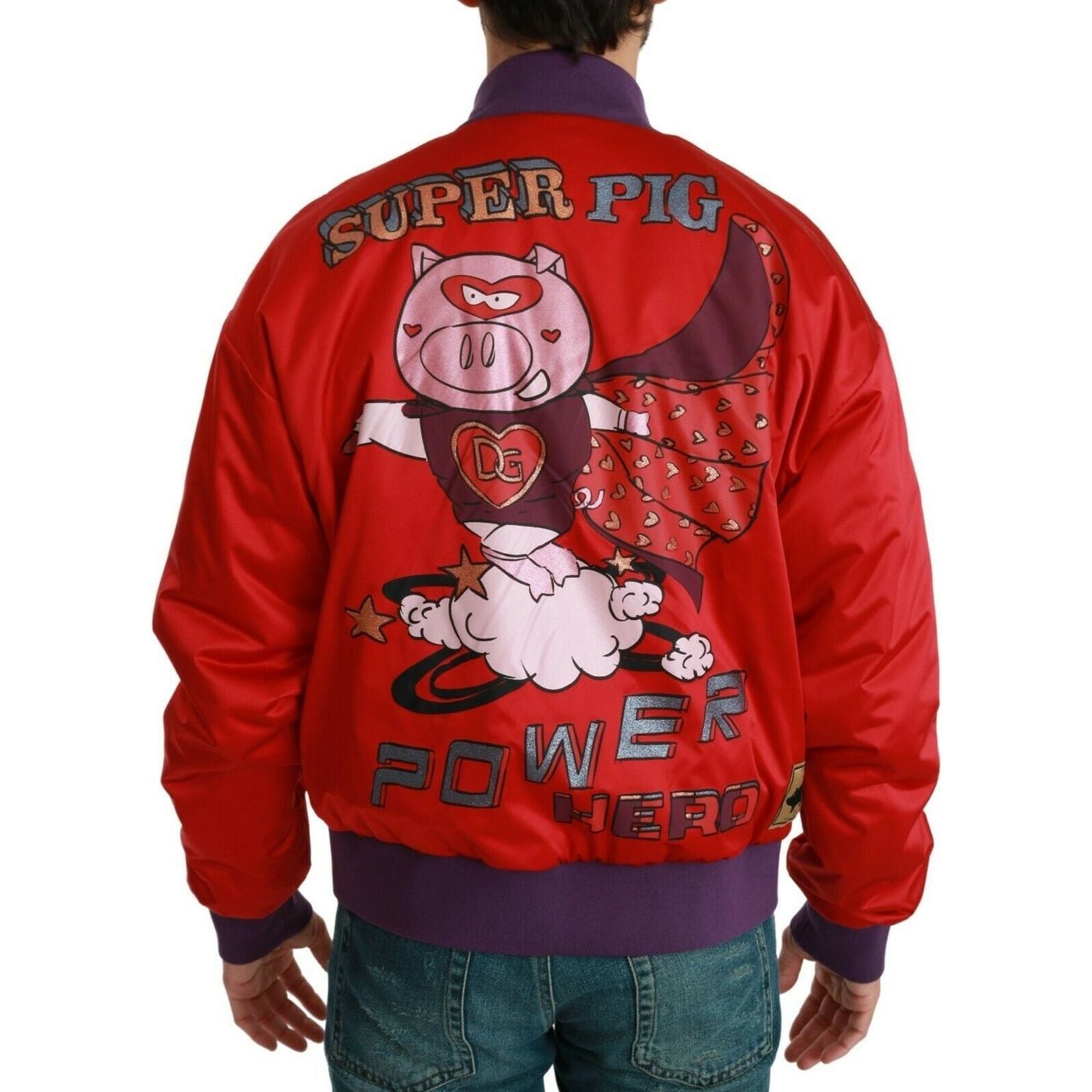 Dolce & Gabbana Vibrant Red Bomber Jacket with Multicolor Motif Coats & Jackets Dolce & Gabbana Brown