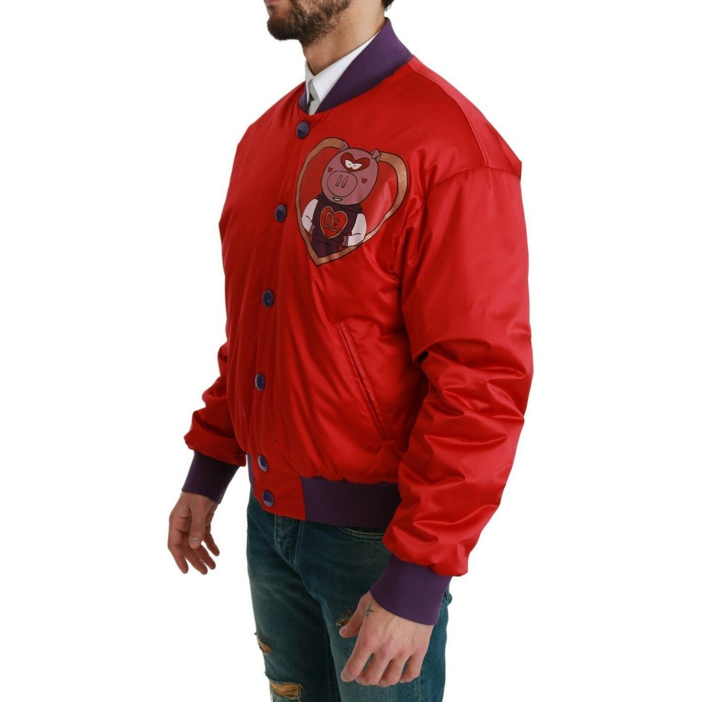 Dolce & Gabbana Vibrant Red Bomber Jacket with Multicolor Motif Coats & Jackets Dolce & Gabbana Brown