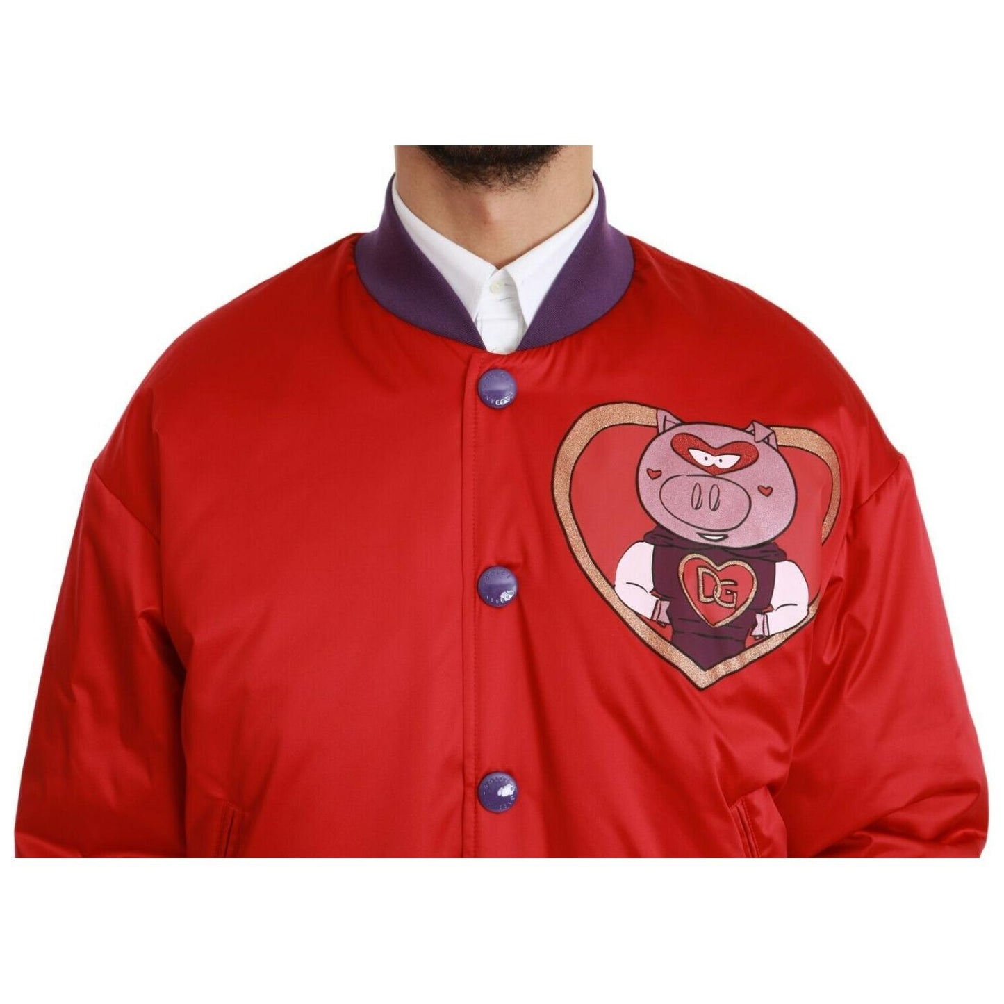 Dolce & Gabbana Vibrant Red Bomber Jacket with Multicolor Motif Coats & Jackets Dolce & Gabbana Firebrick
