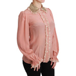 Dolce & Gabbana Dolce & Gabbana Elegant Pink Lace Silk Blouse with Gold Sequins TSH4663-44 1728,67345645728,Clothing,Dolce & Gabbana,Gold,IT44|L,New with tags,Shirts - Women - Clothing,Women,Women - Clothing