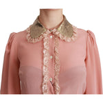 Dolce & Gabbana Dolce & Gabbana Elegant Pink Lace Silk Blouse with Gold Sequins TSH4663-44 1728,67345645728,Clothing,Dolce & Gabbana,Gold,IT44|L,New with tags,Shirts - Women - Clothing,Women,Women - Clothing
