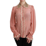 Dolce & Gabbana Dolce & Gabbana Elegant Pink Lace Silk Blouse with Gold Sequins TSH4663-44 1728,67345645728,Clothing,Dolce & Gabbana,Gold,IT44|L,New with tags,Shirts - Women - Clothing,Women,Women - Clothing