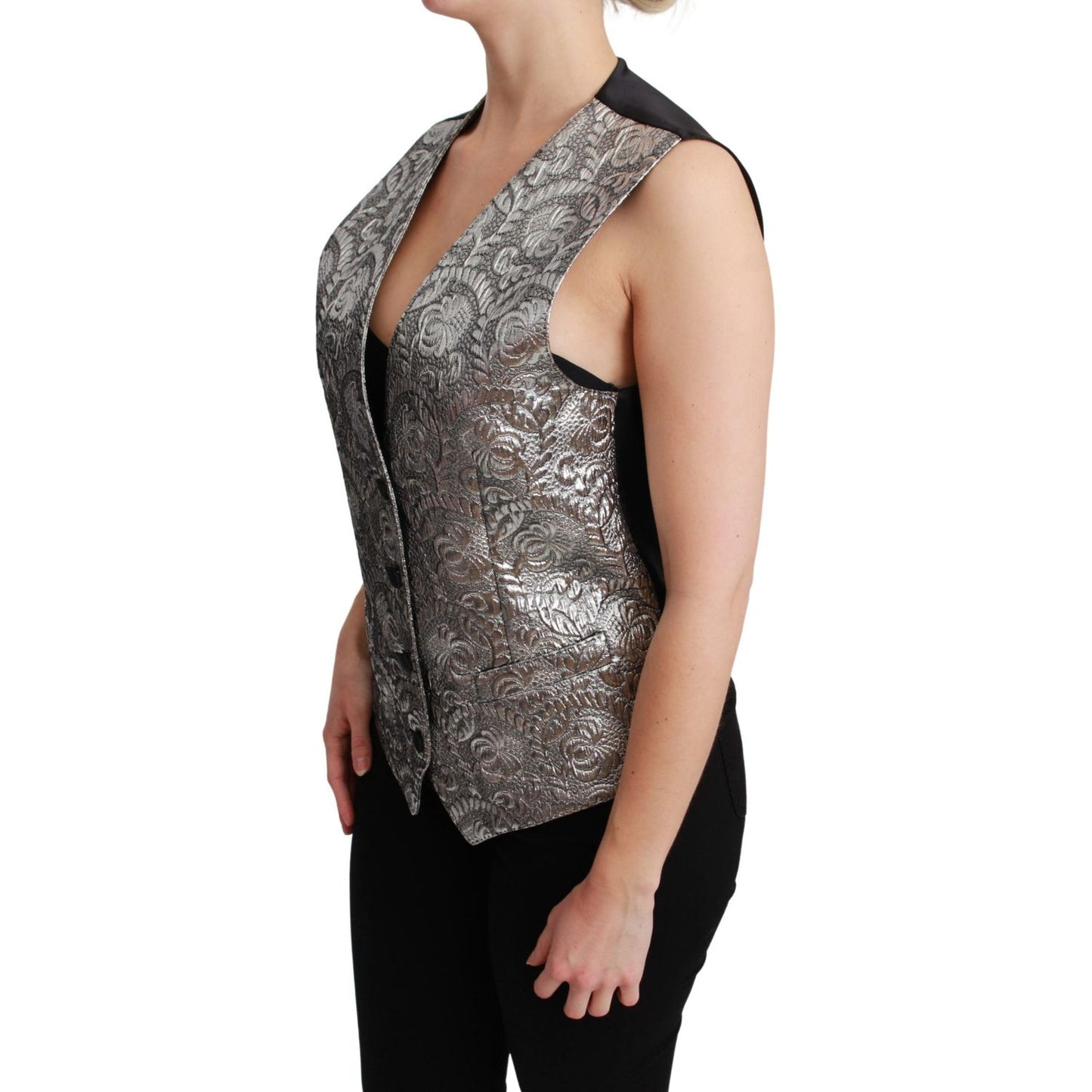 Dolce & Gabbana Silver Brocade Sleeveless Metallic Top TSH5052-38