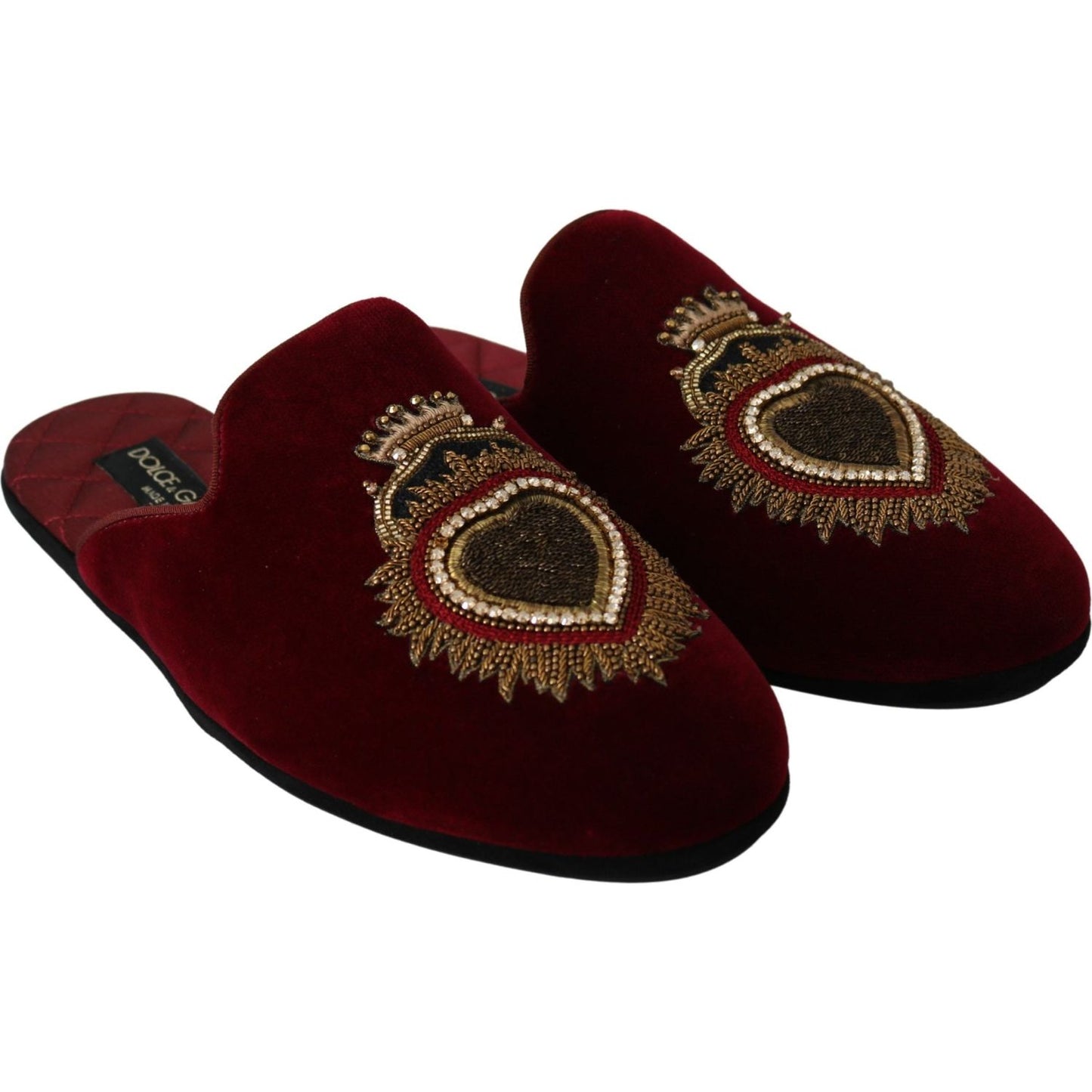 Dolce & Gabbana Red Velvet Embroidered Slides Dolce & Gabbana Black