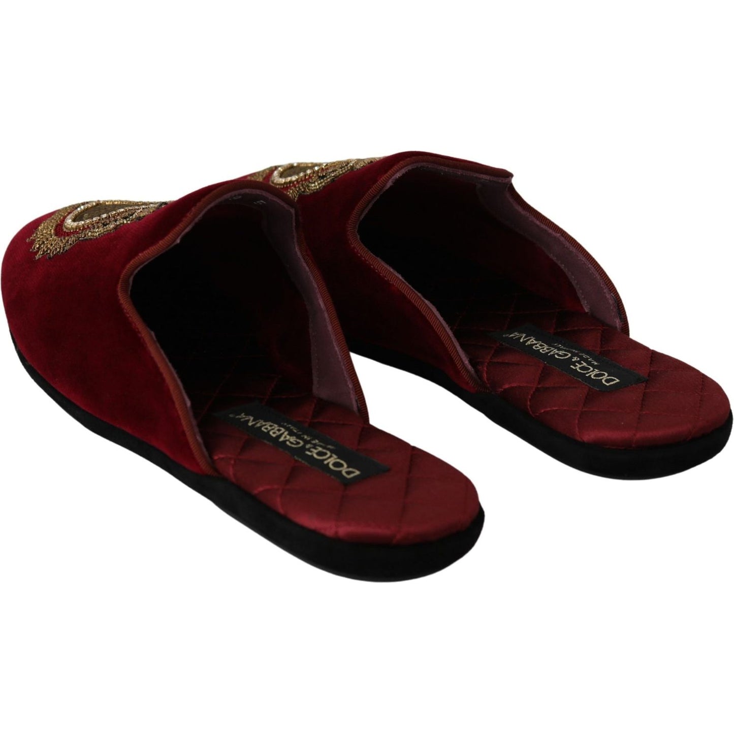 Dolce & Gabbana Red Velvet Embroidered Slides Dolce & Gabbana Black