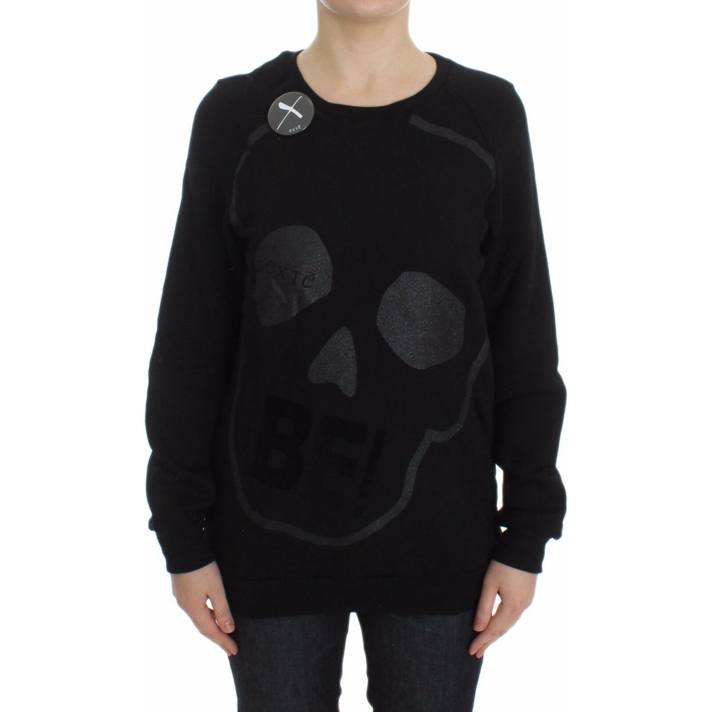 Exte Chic Skull Motif Crew-Neck Cotton Sweater Exte Black