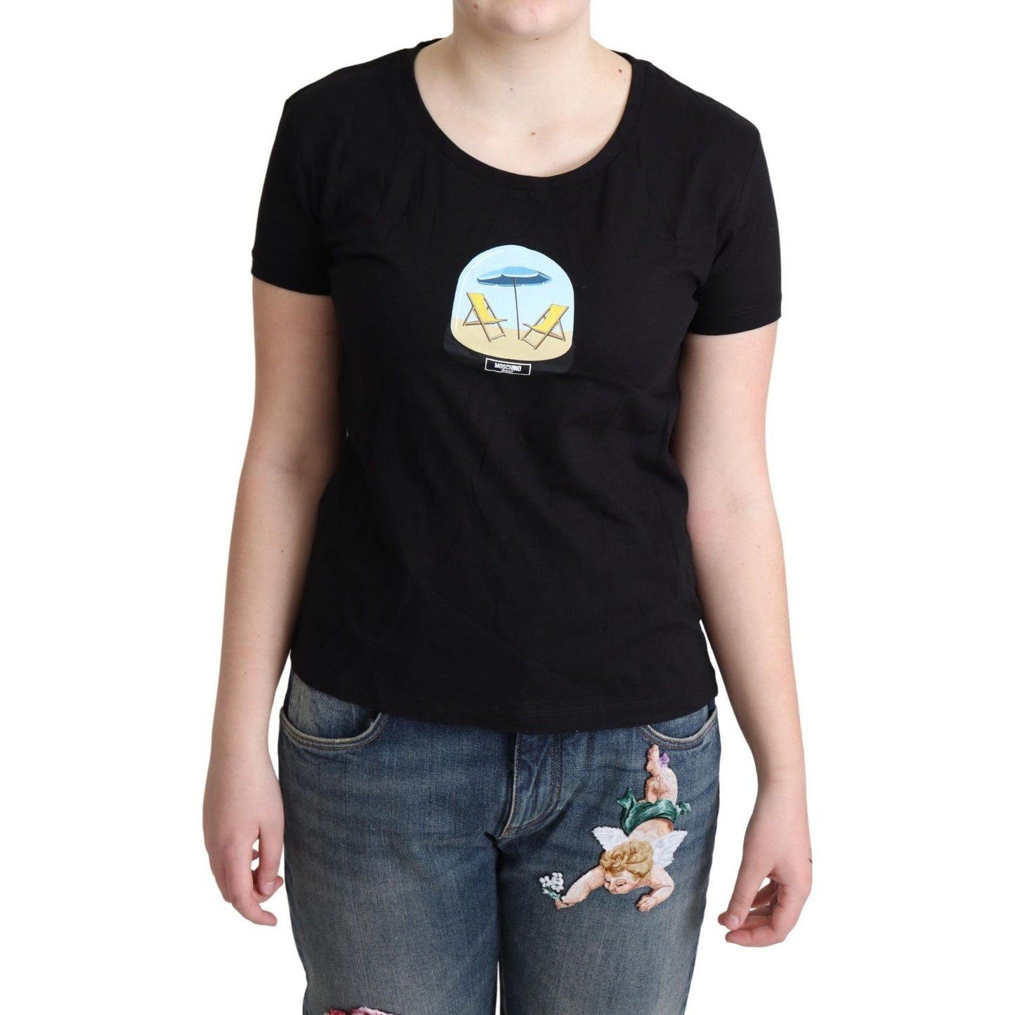 Moschino Chic Black Cotton Round Neck Tee Moschino Tan