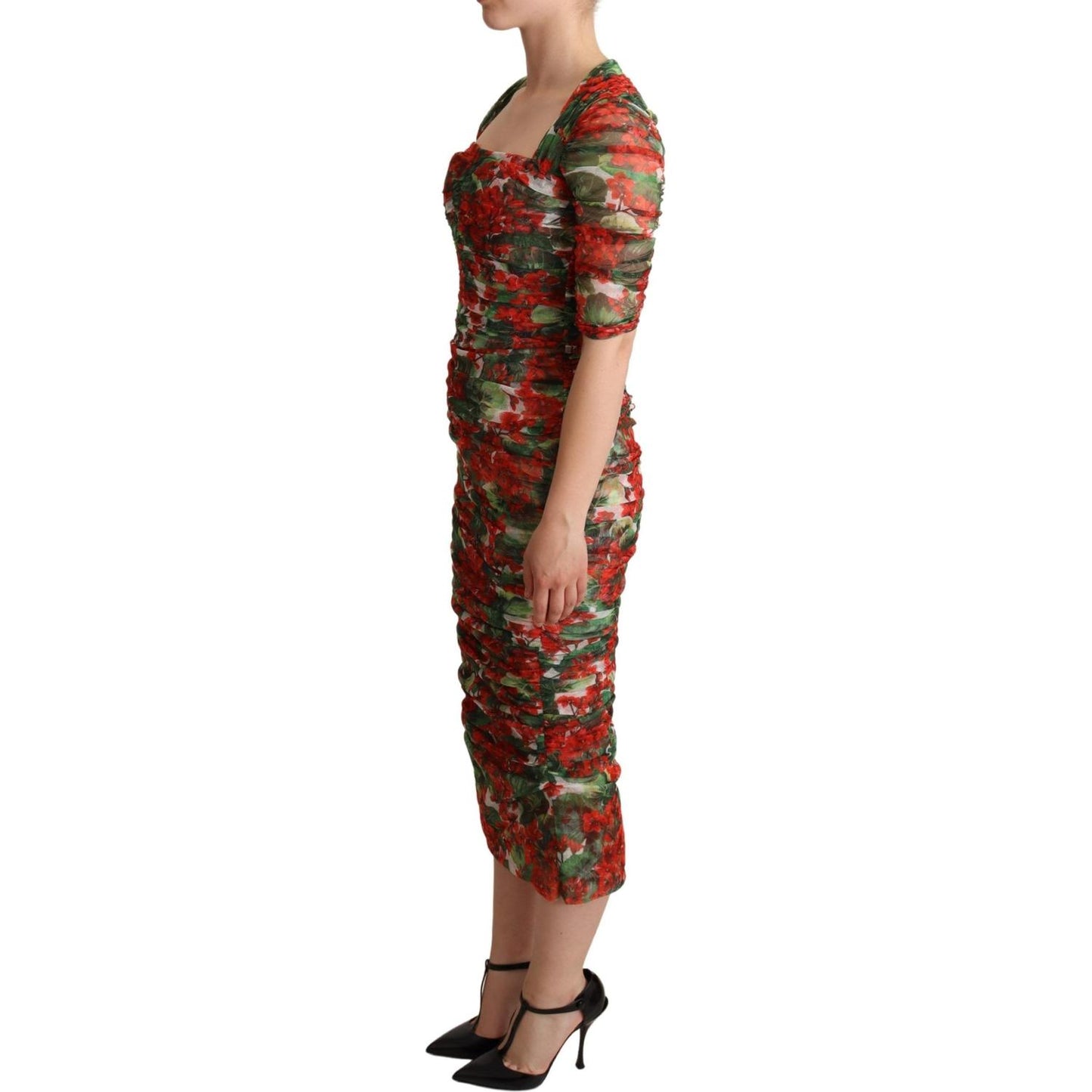 Dolce & Gabbana Elegant Red Floral Midi Sheath Dress WOMAN DRESSES Dolce & Gabbana Dark Olive Green