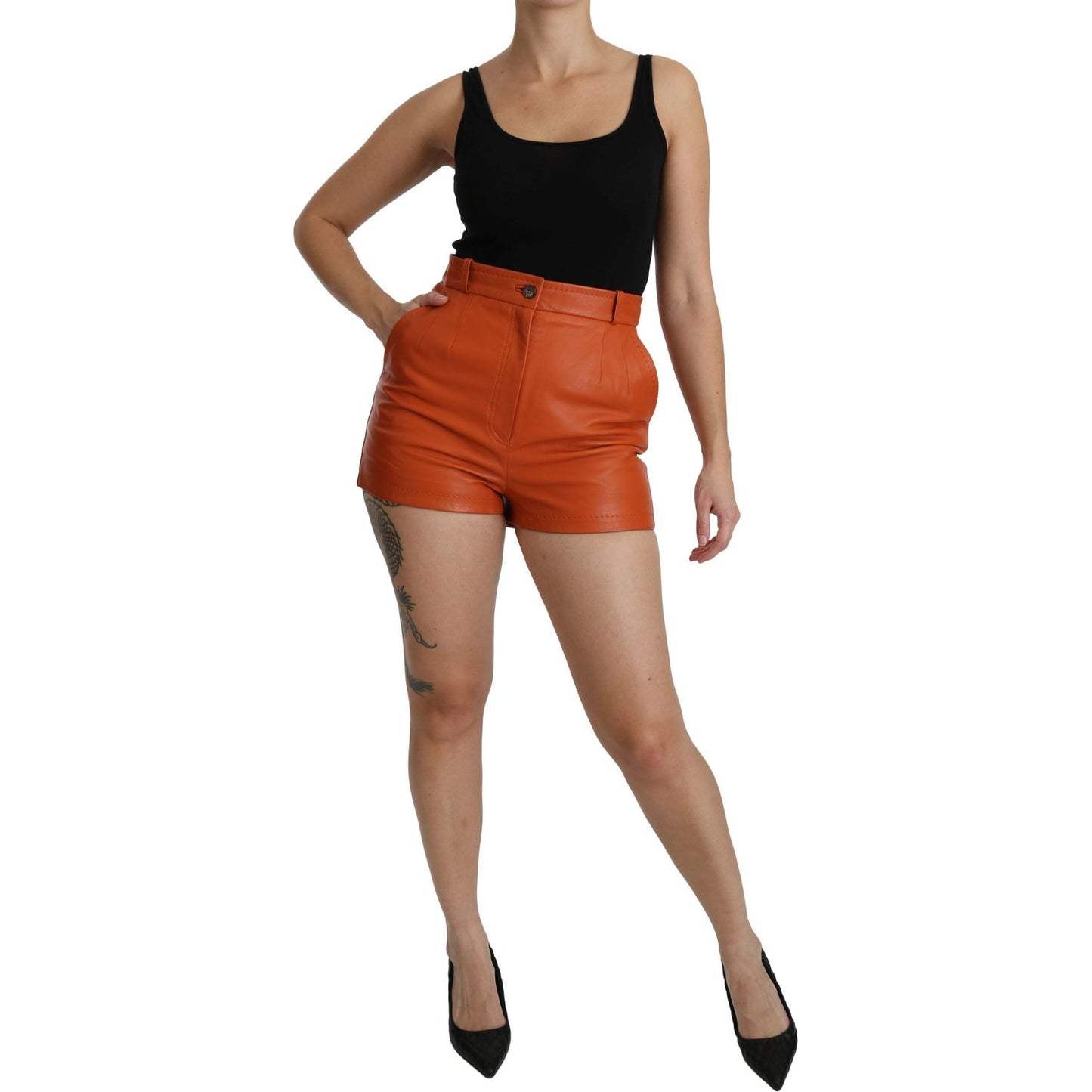 Dolce & Gabbana Chic Orange Leather High Waist Hot Pants Shorts Dolce & Gabbana Sienna