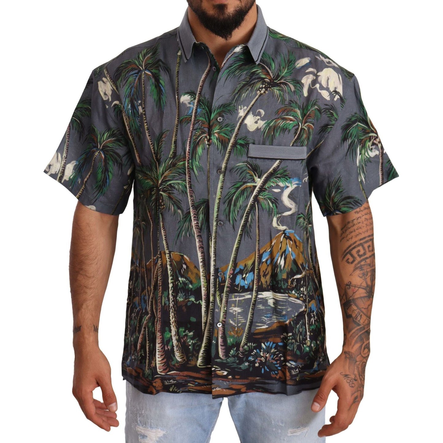 Dolce & Gabbana Tropical Elegance Linen Silk Men's Shirt Dolce & Gabbana Dark Slate Gray