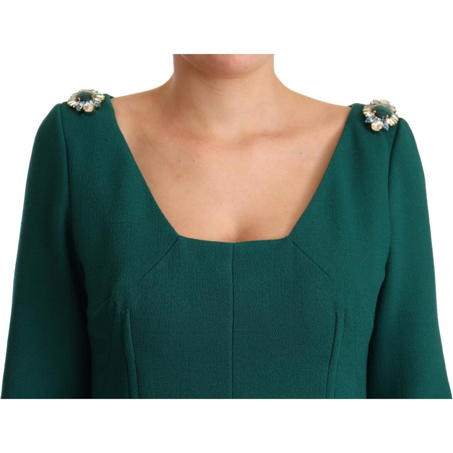Dolce & Gabbana Emerald Green Midi Sheath Dress with Crystal Brooch Dolce & Gabbana Tan