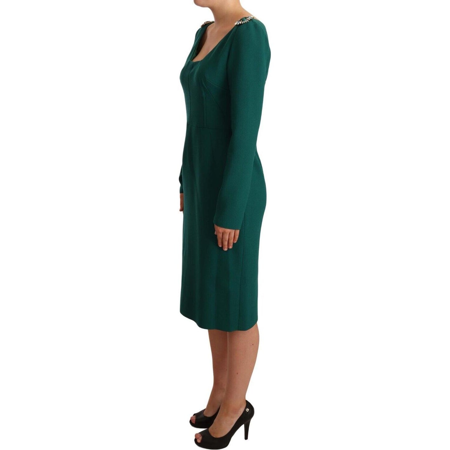 Dolce & Gabbana Emerald Green Midi Sheath Dress with Crystal Brooch Dolce & Gabbana Dark Slate Gray