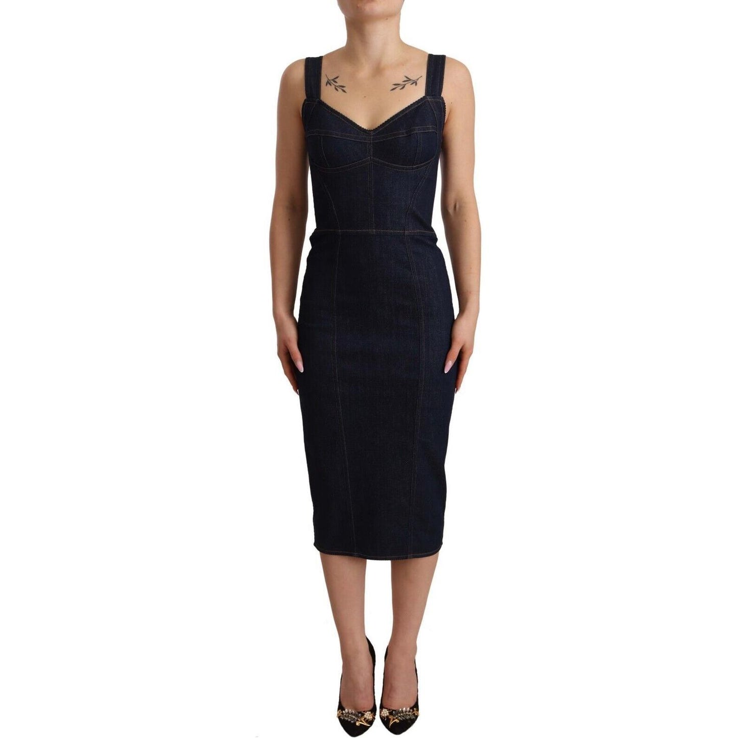 Dolce & Gabbana Elegant Dark Blue Denim Sheath Midi Dress Dolce & Gabbana Black