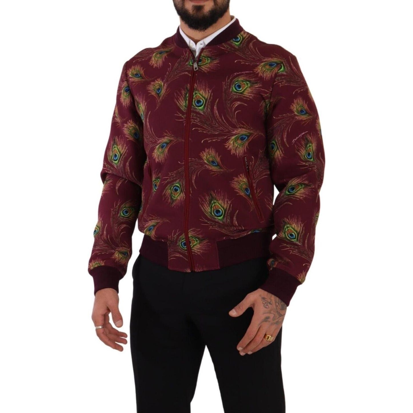 Dolce & Gabbana Radiant Red Peacock Print Bomber Jacket Dolce & Gabbana Black