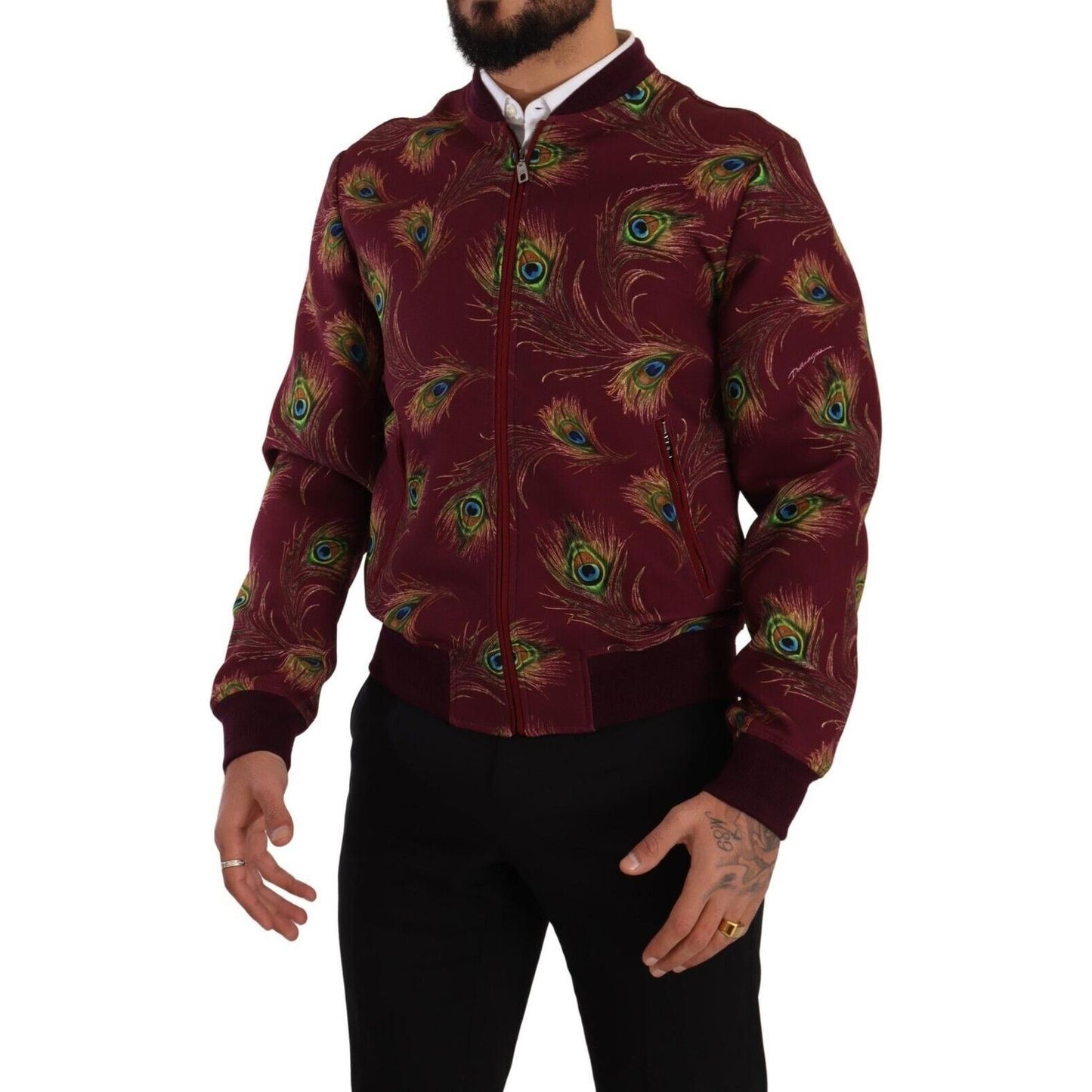 Dolce & Gabbana Radiant Red Peacock Print Bomber Jacket Dolce & Gabbana Black