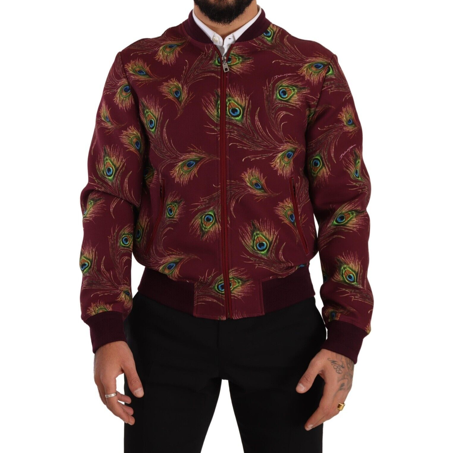 Dolce & Gabbana Radiant Red Peacock Print Bomber Jacket Dolce & Gabbana Black