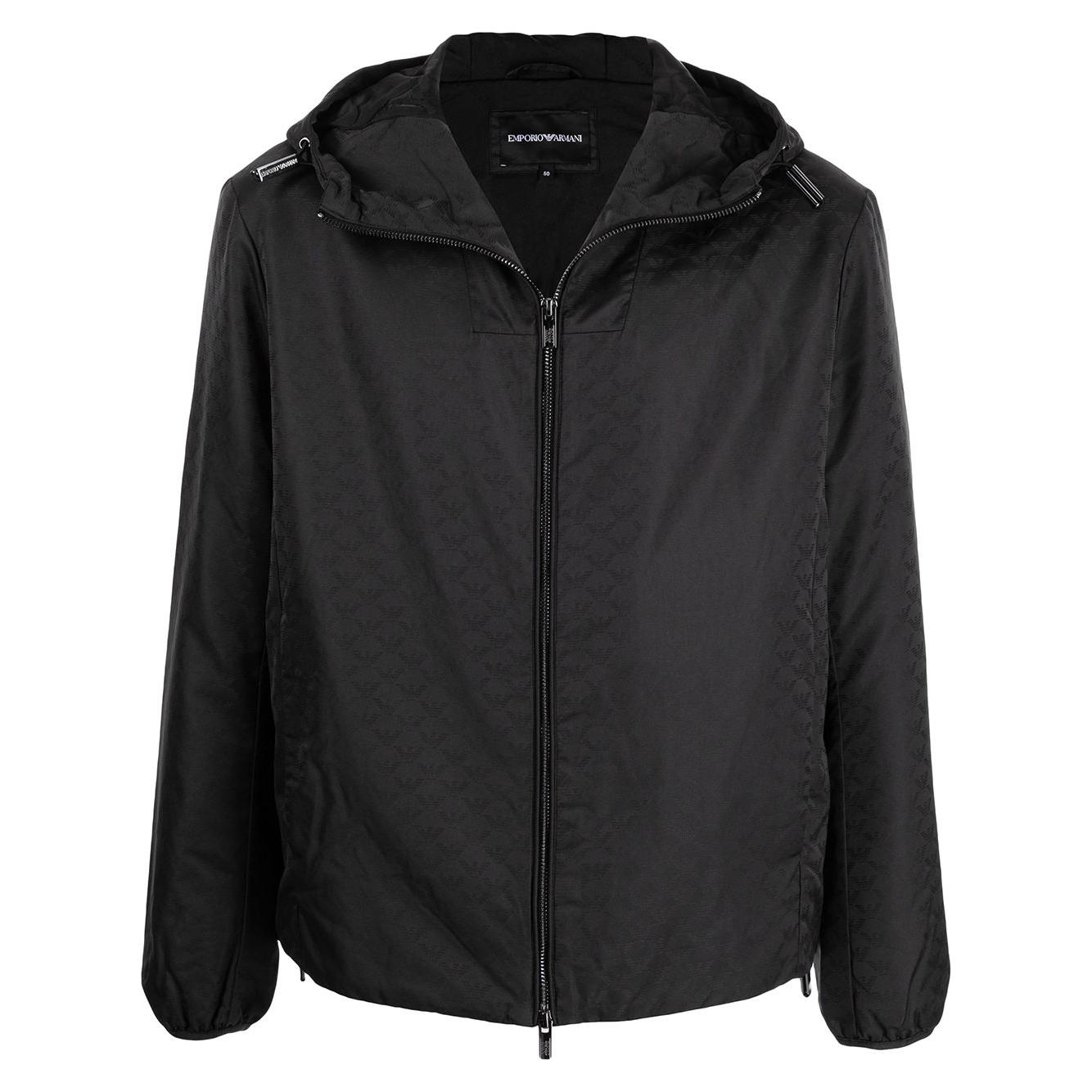 Emporio Armani Hooded jacket with zip in nylon jacquard eagle all over Jackets Emporio Armani Dark Slate Gray