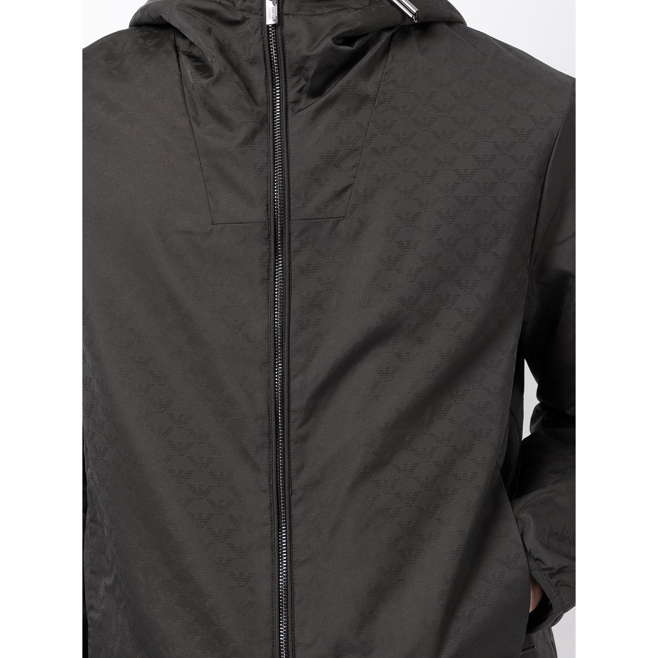 Emporio Armani Hooded jacket with zip in nylon jacquard eagle all over Jackets Emporio Armani Dark Slate Gray