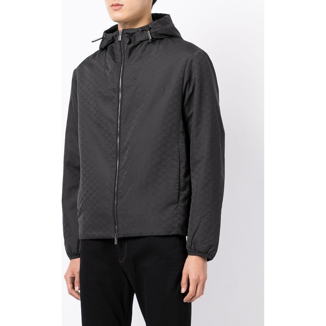 Emporio Armani Hooded jacket with zip in nylon jacquard eagle all over Jackets Emporio Armani Antique White