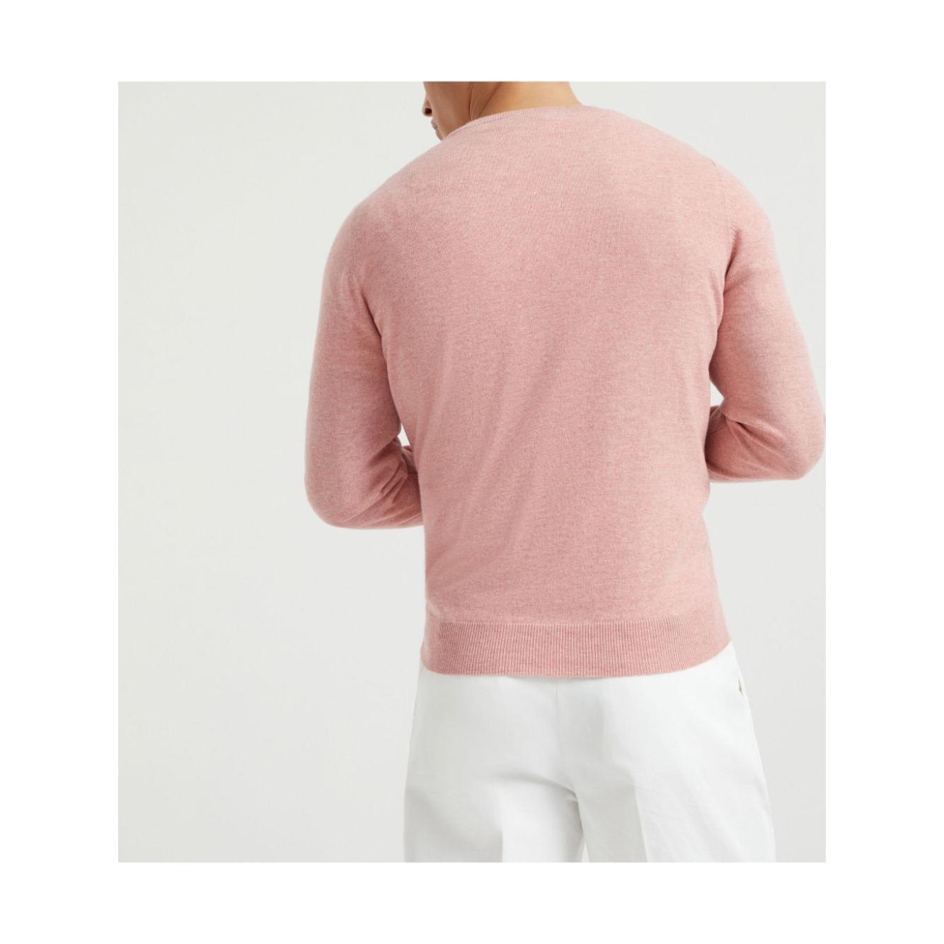 Back view of light pink Brunello Cucinelli cashmere sweater with long sleeves, crew neck, ribbed cuffs and hem.