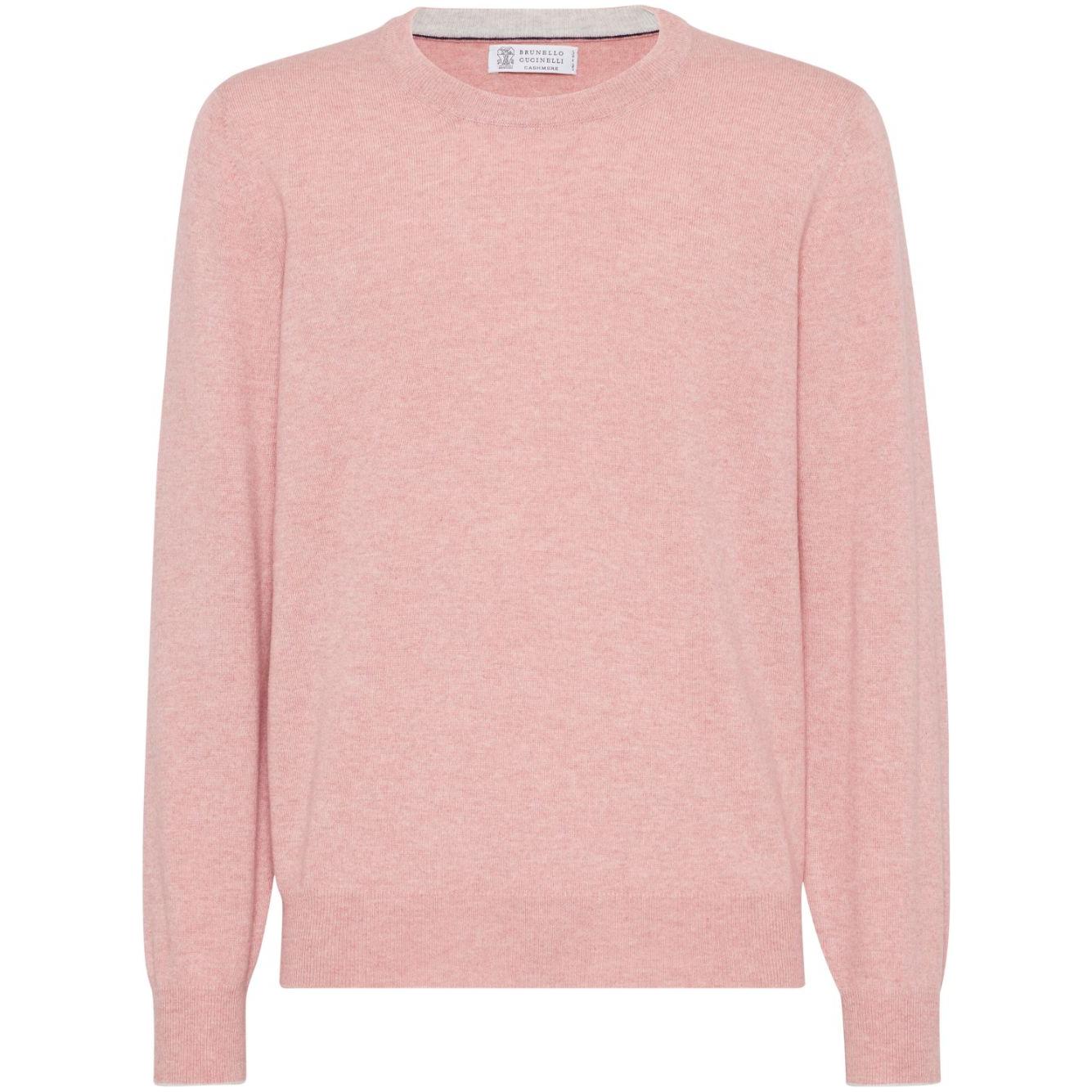 Light pink Brunello Cucinelli cashmere crewneck sweater with long sleeves and ribbed cuffs, size M/L.