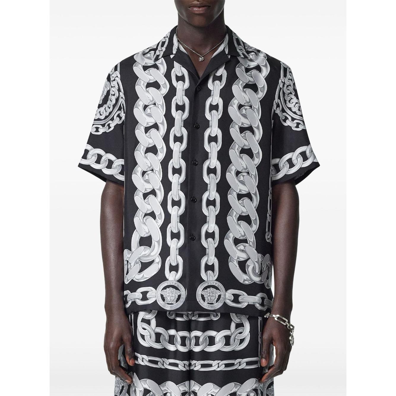 Versace Printed Silk Medusa Chains Bowling Shirt Shirts Versace Light Gray
