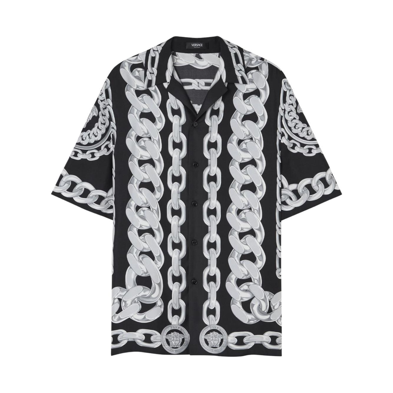 Versace Printed Silk Medusa Chains Bowling Shirt Shirts Versace Dark Slate Gray