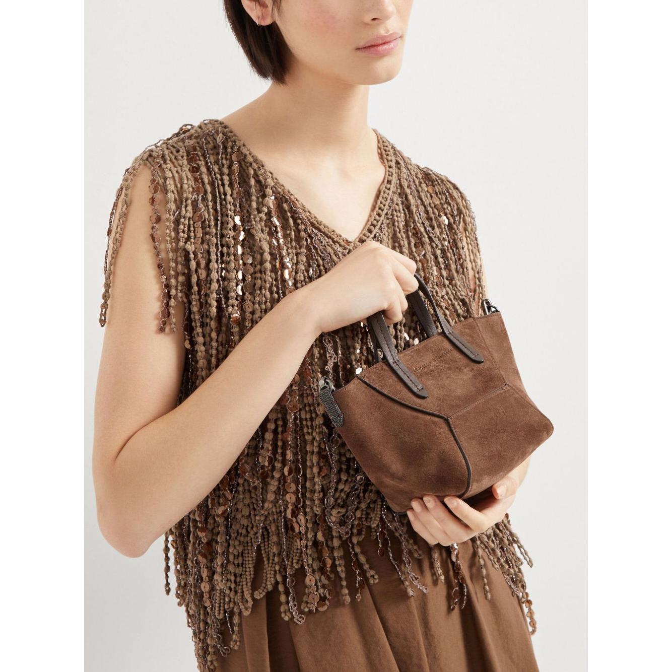 Brunello Cucinelli Duo mini bag in suede with monili Shopper Brunello Cucinelli Light Gray