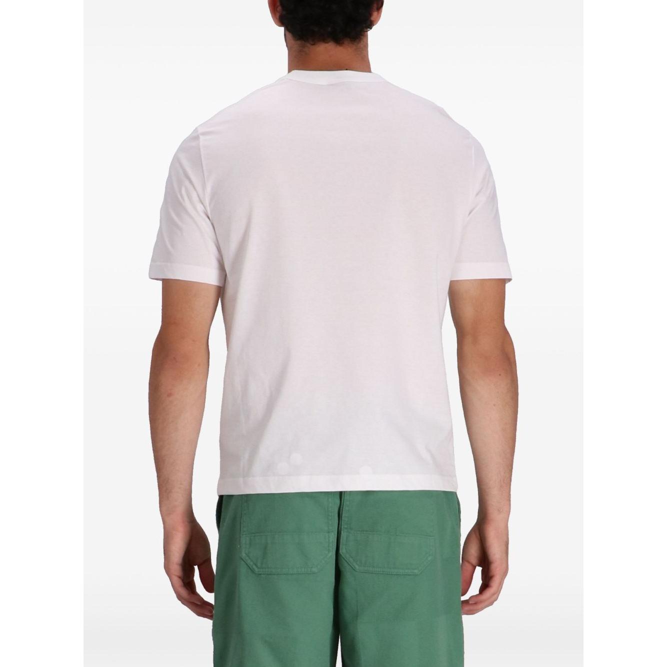 Back view of a model wearing PS By Paul Smith white cotton T-shirt with crew neck and short sleeves, paired with green pants.