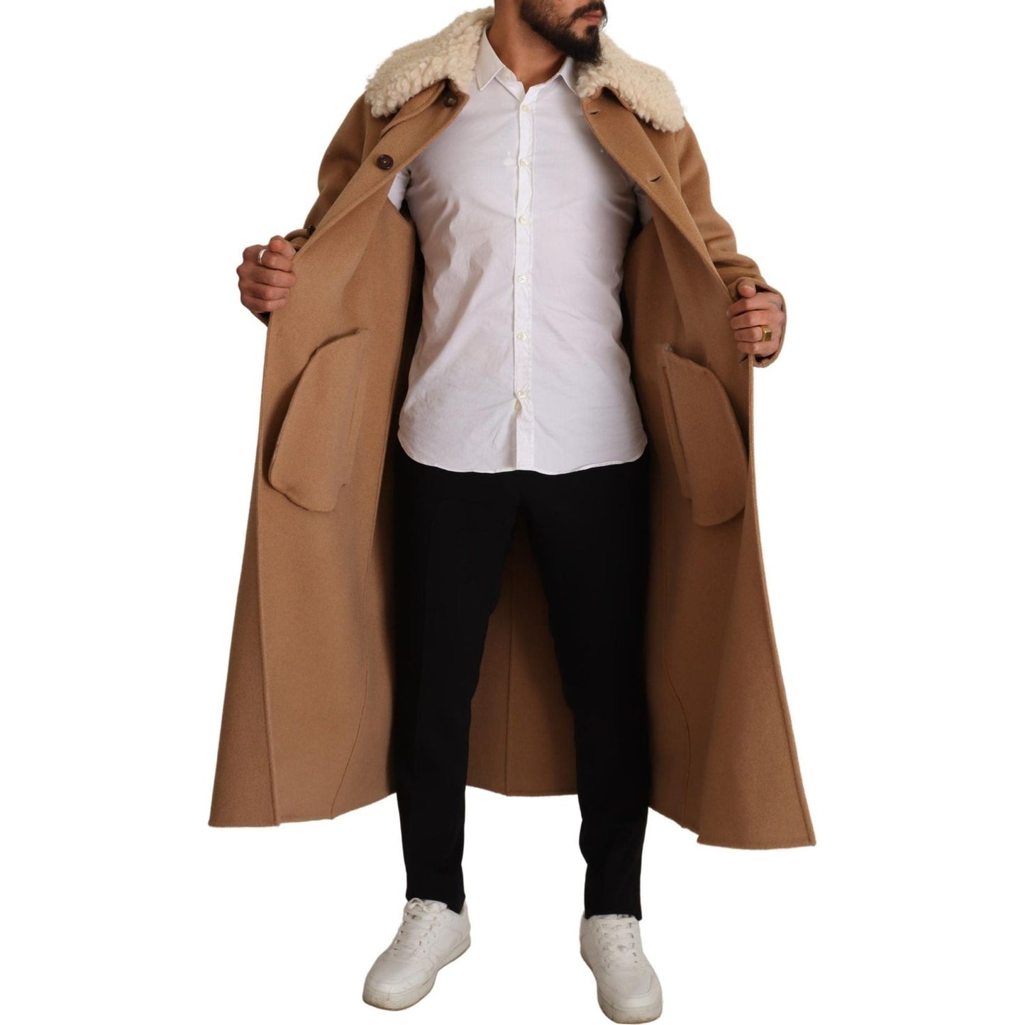 Dolce & Gabbana Opulent Beige Shearling-Collar Overcoat Dolce & Gabbana Sienna