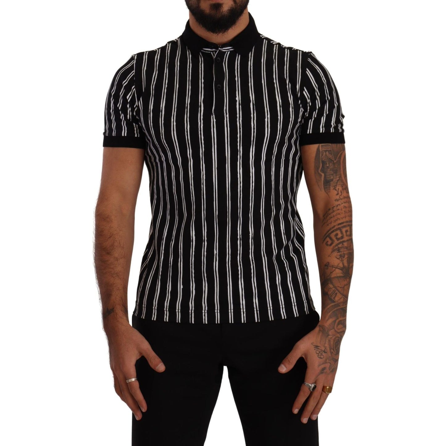 Dolce & Gabbana Elegant Striped Polo T-Shirt in Black Dolce & Gabbana Rosy Brown