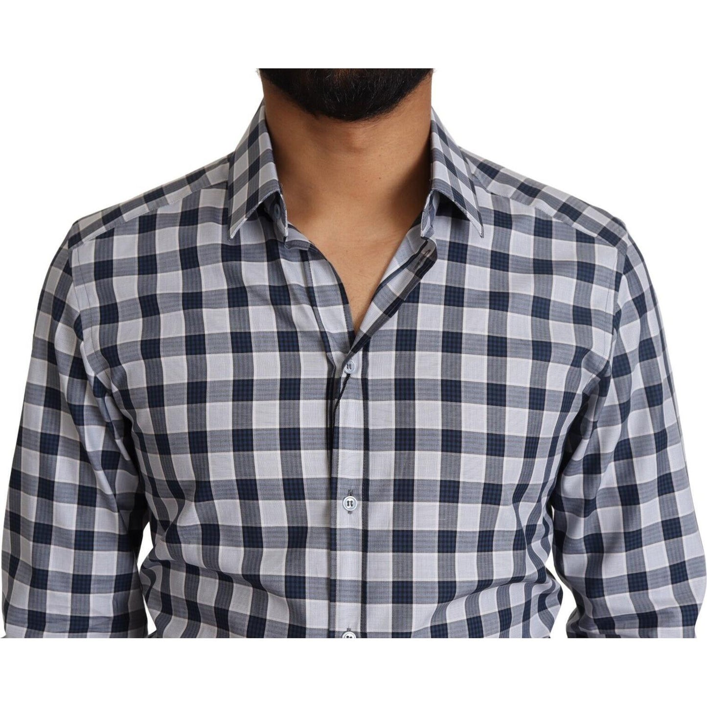 Dolce & Gabbana Elegant Blue & White Checkered Slim Fit Dress Shirt Dolce & Gabbana Dim Gray