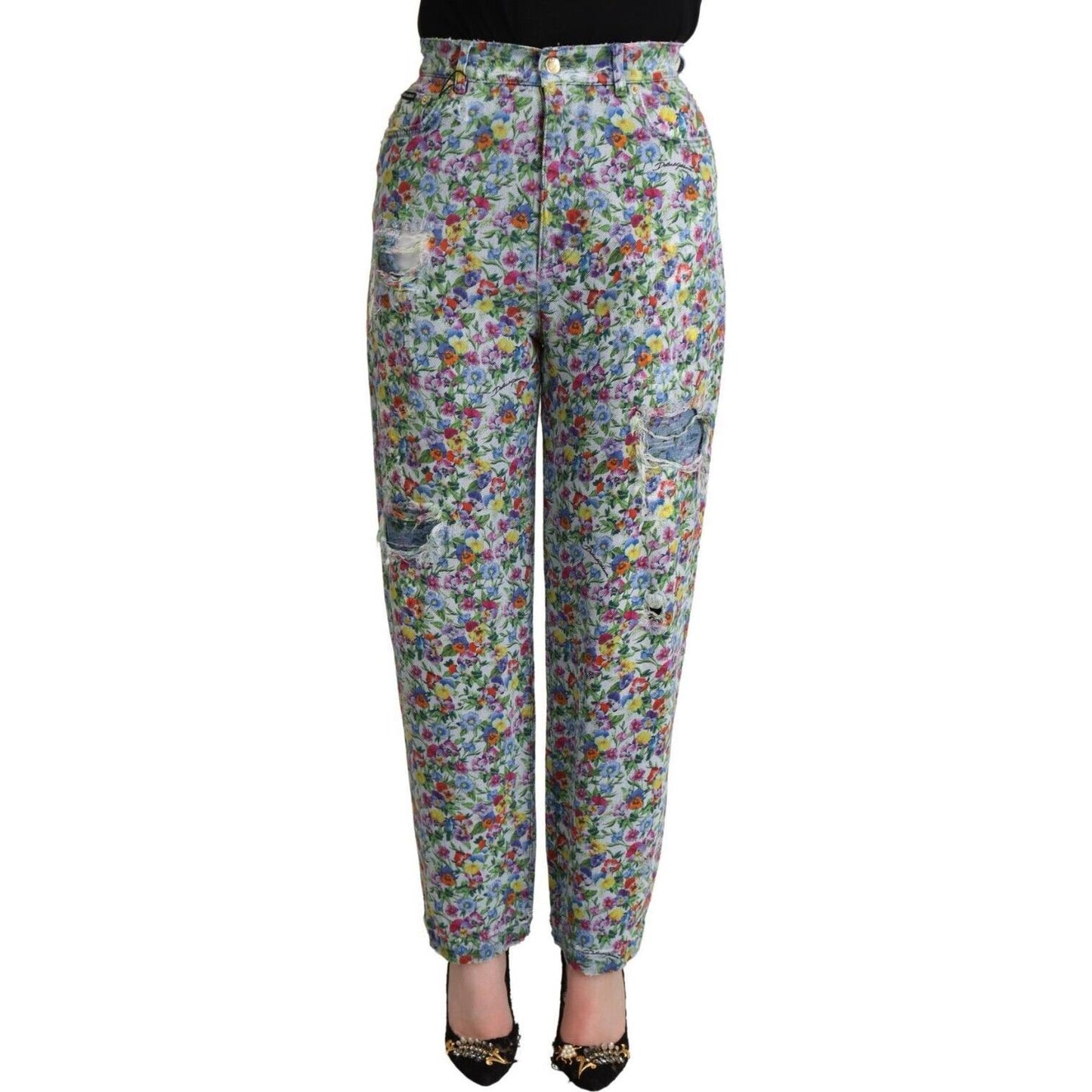 Dolce & Gabbana Floral High Waisted Tapered Denim Jeans Dolce & Gabbana Dim Gray