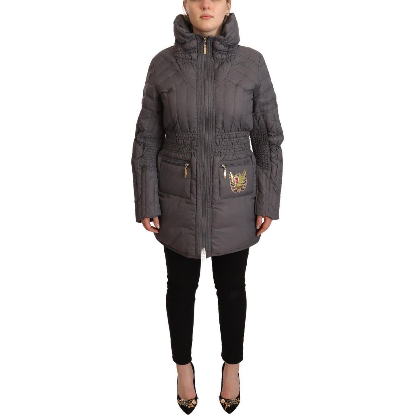 Roccobarocco Elegant Quilted Long Jacket with Logo Patch Roccobarocco Dark Slate Gray