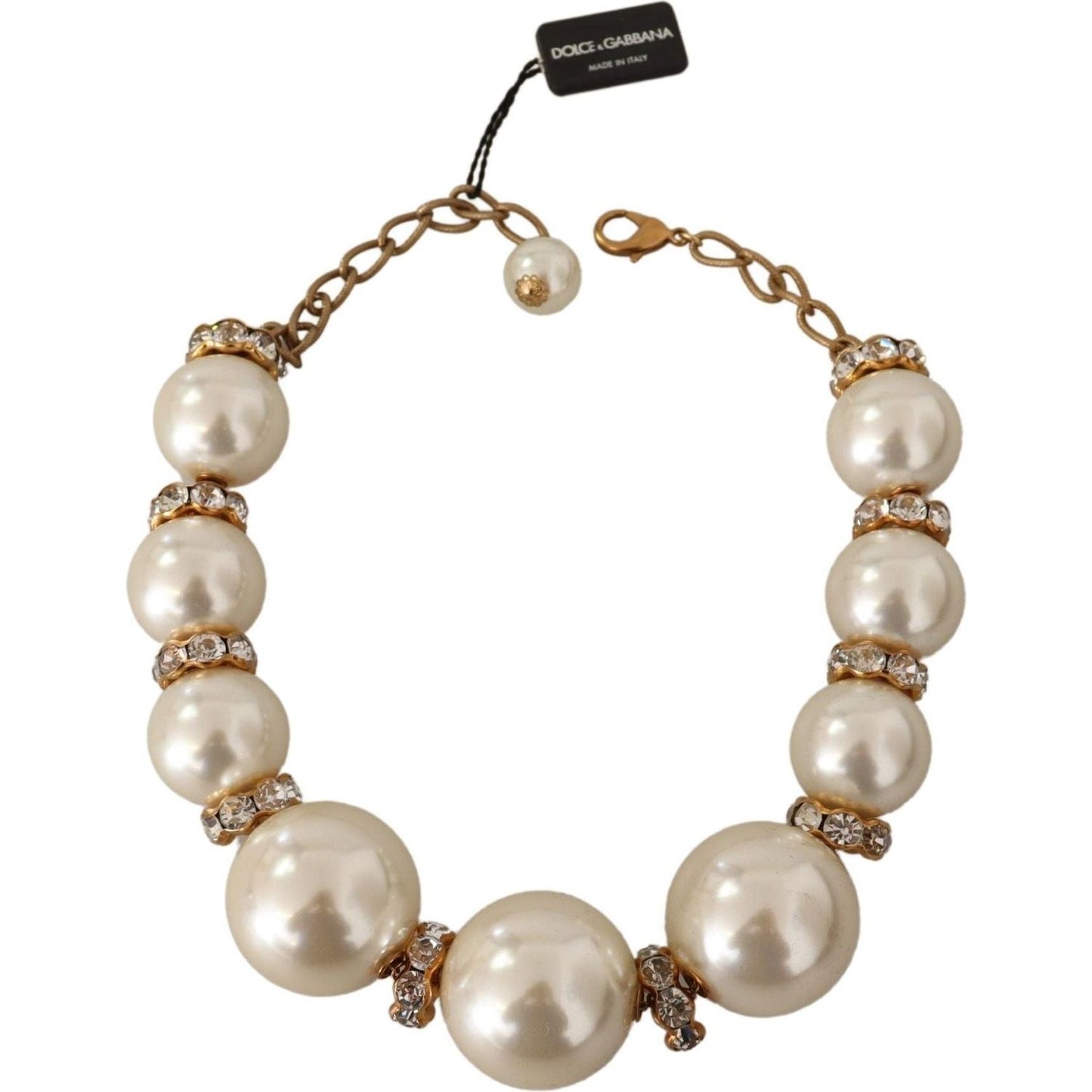 Dolce & Gabbana Elegant Faux Pearl Charm Necklace with Crystal Accents Necklace Dolce & Gabbana Gray